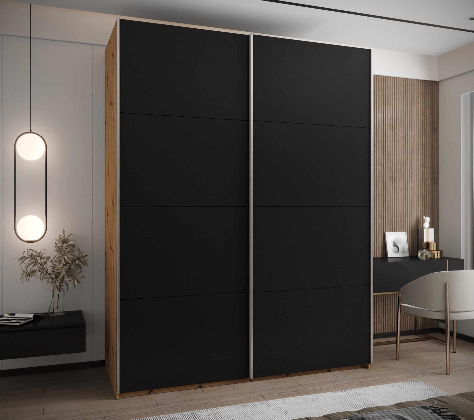 Szafa przesuwna wysoka Lux 1 200 x 64 x 245,5 cm artisan + czarny + u. srebrny - Abiks Meble - 2