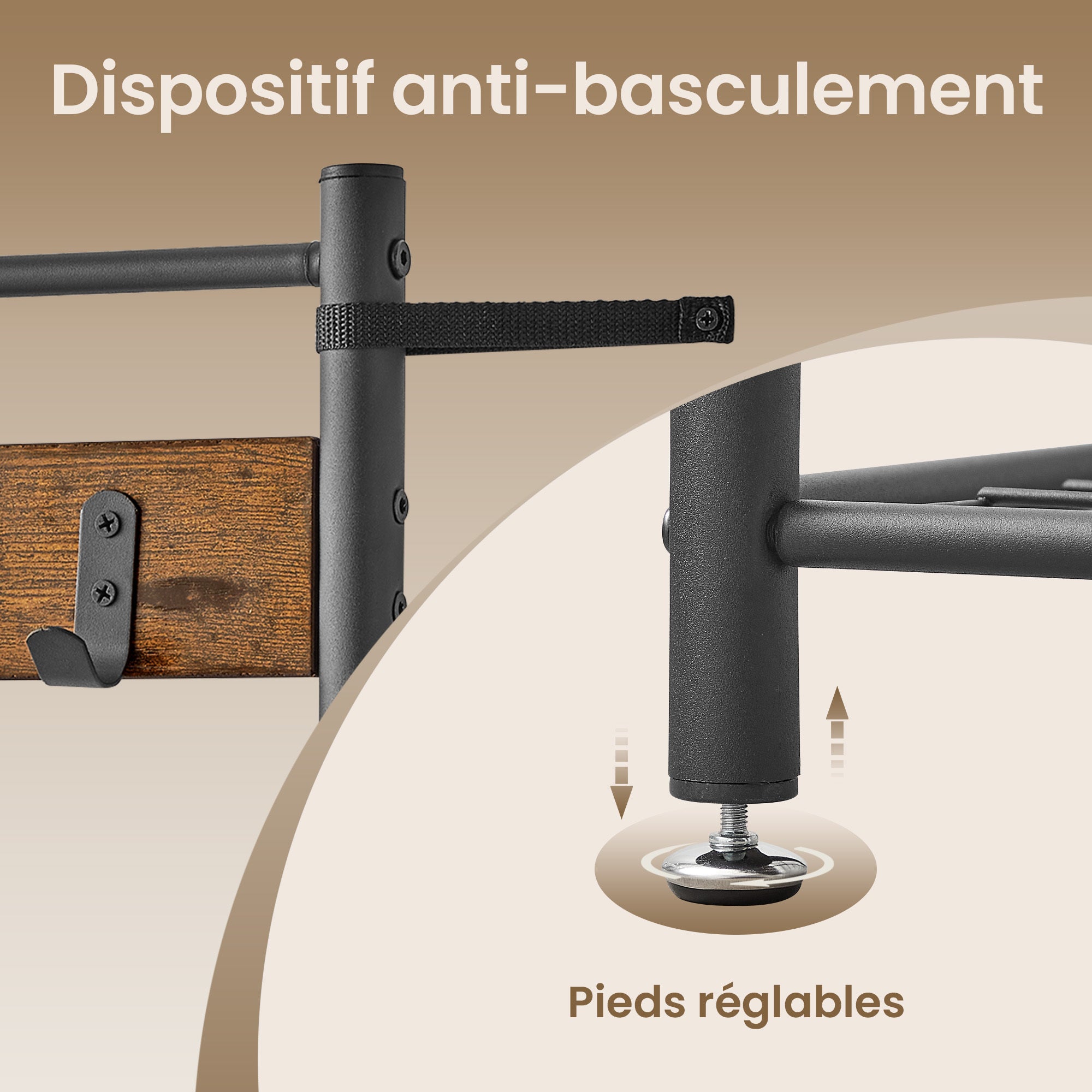 Portemanteau d’Entrée avec Banc de Rangement à Chaussures, 85 x 32 x 175 cm, Marron et Noir - 7