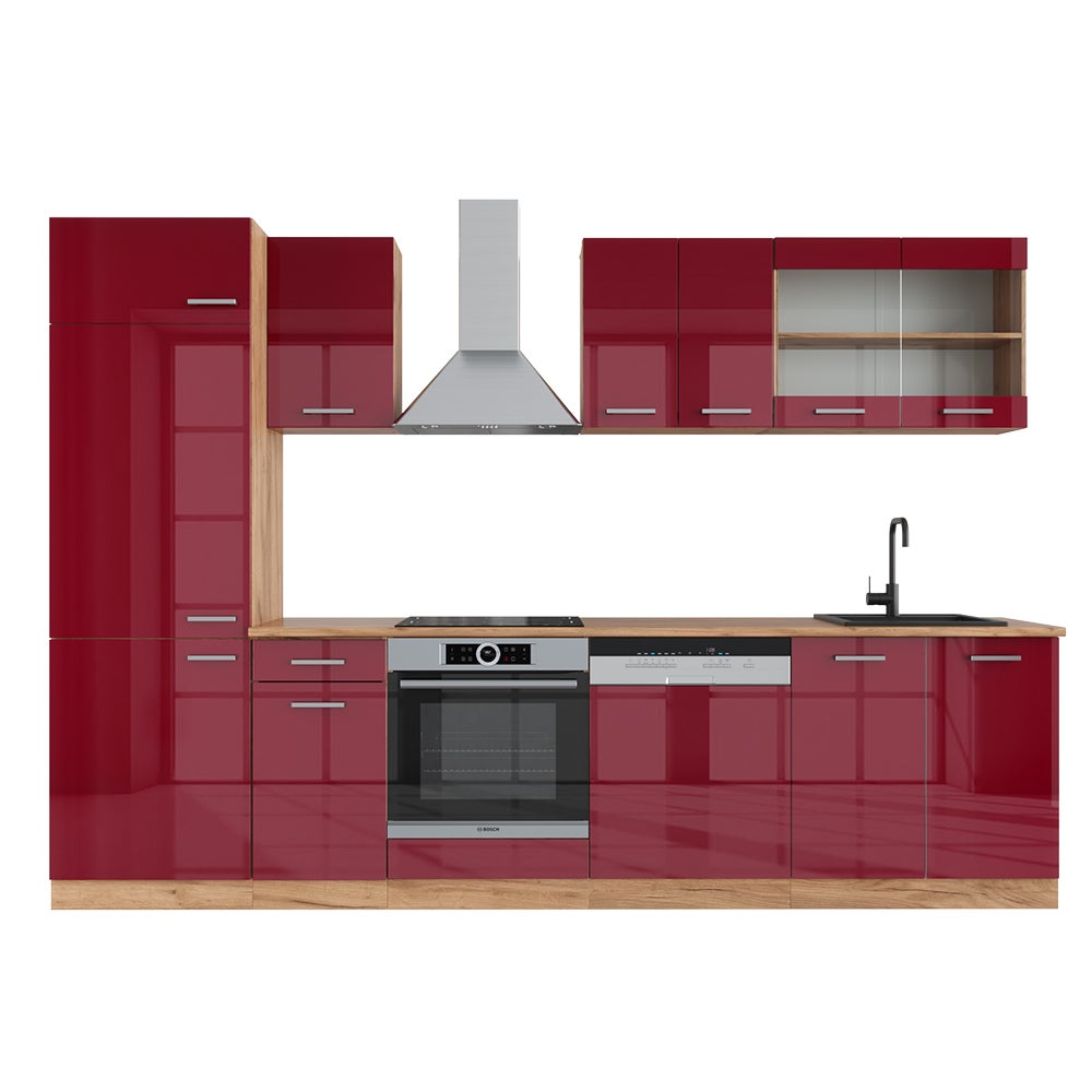 Vicco Aneks kuchenny R-Line, Czerwony wysoki połysk/złoty dąb, 300 cm , BP Dąb