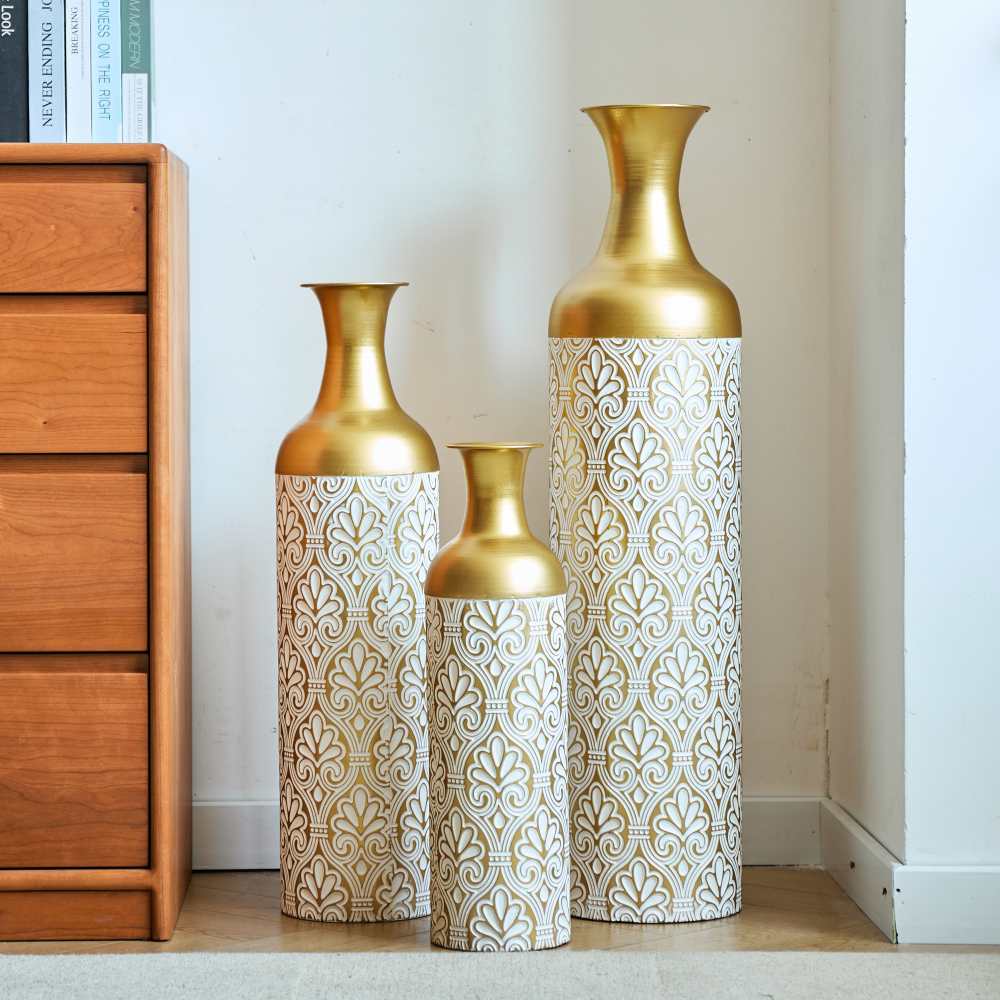 Conjunto de 3 vasos de chão em metal branco – Vasos decorativos grandes de 83/65/50 cm para flores secas, sala de estar e quarto. - 5