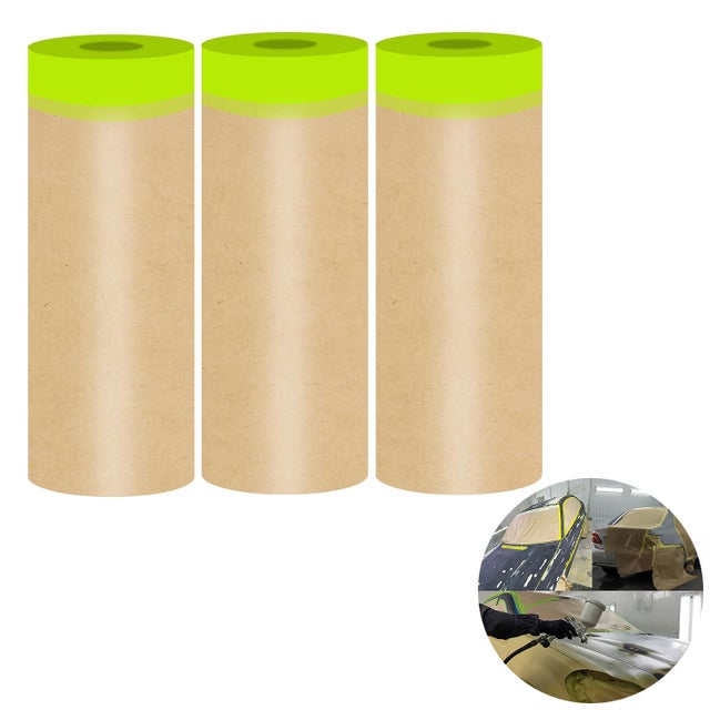 3 rouleaux papier masquage 0,3×15 m prédécoupé avec ruban adhésif pour peinture, protection plinthes, fenêtres, meubles, carrosserie et cadres