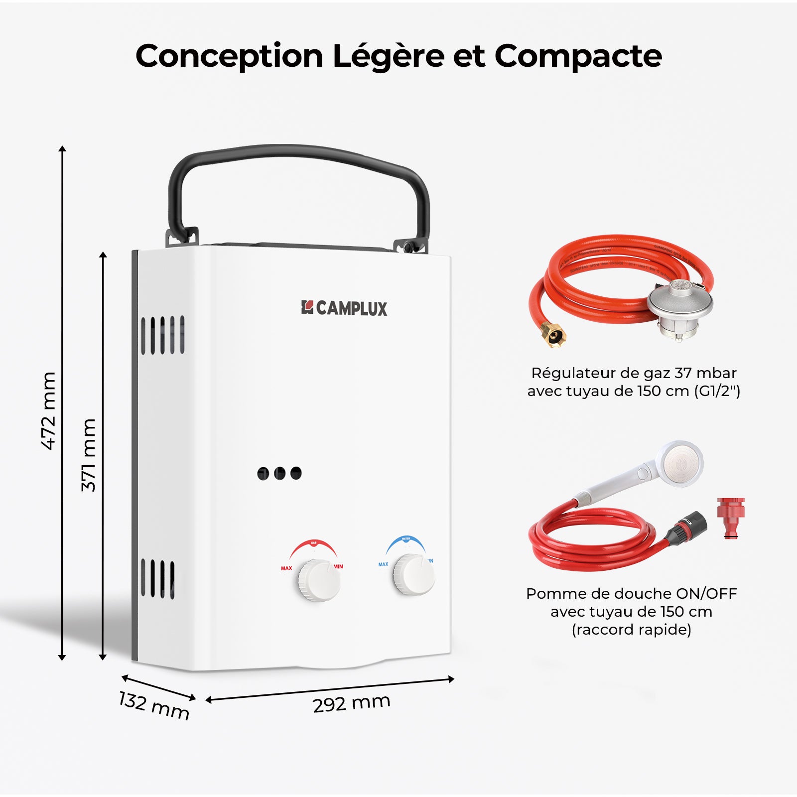 CAMPLUX AY132 Chauffe-eau portables instantanés de 5L/min au gaz Propane (37mbar) /Butane (28-30mbar) [Classe énergétique A+] - 6