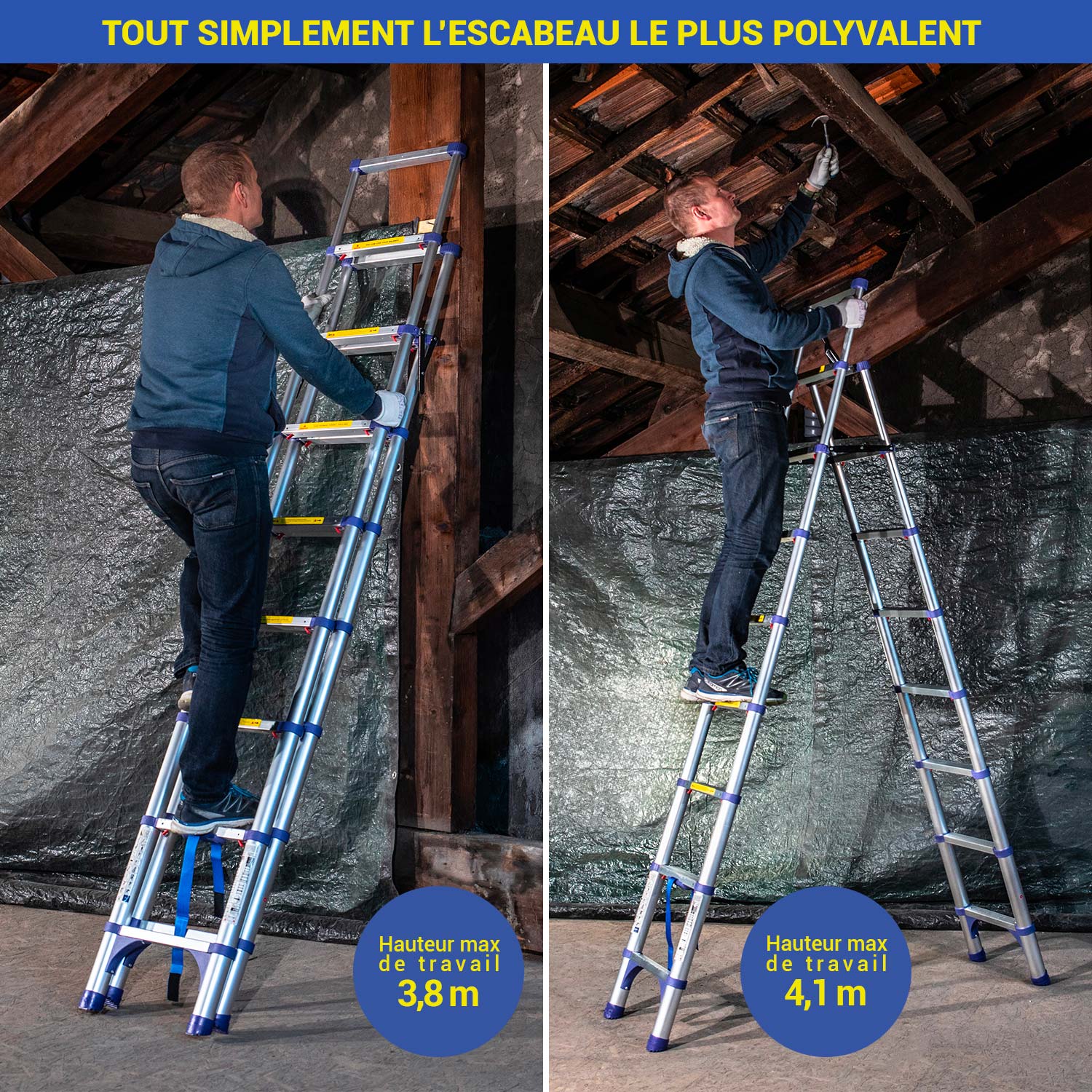 HOSTRÖM Escabeau 9 marches telescopique EXTENDACT9, Echelle telescopique 2,6m+2,3m, escabeau pliable télescopique, H max travail 4,1m, Garantie 5 ans - 2