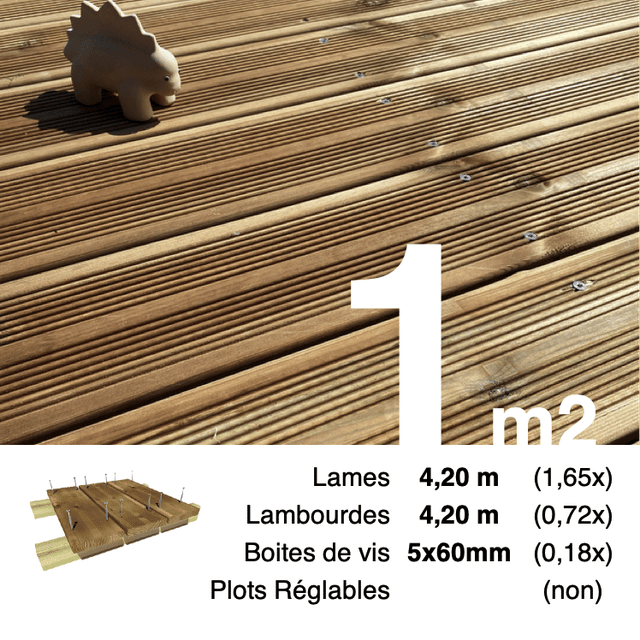 Kit terrasse Pin autoclave Marron pour 1 m² • Lames 4,2 m, lambourdes 4,2 m et visserie Inox