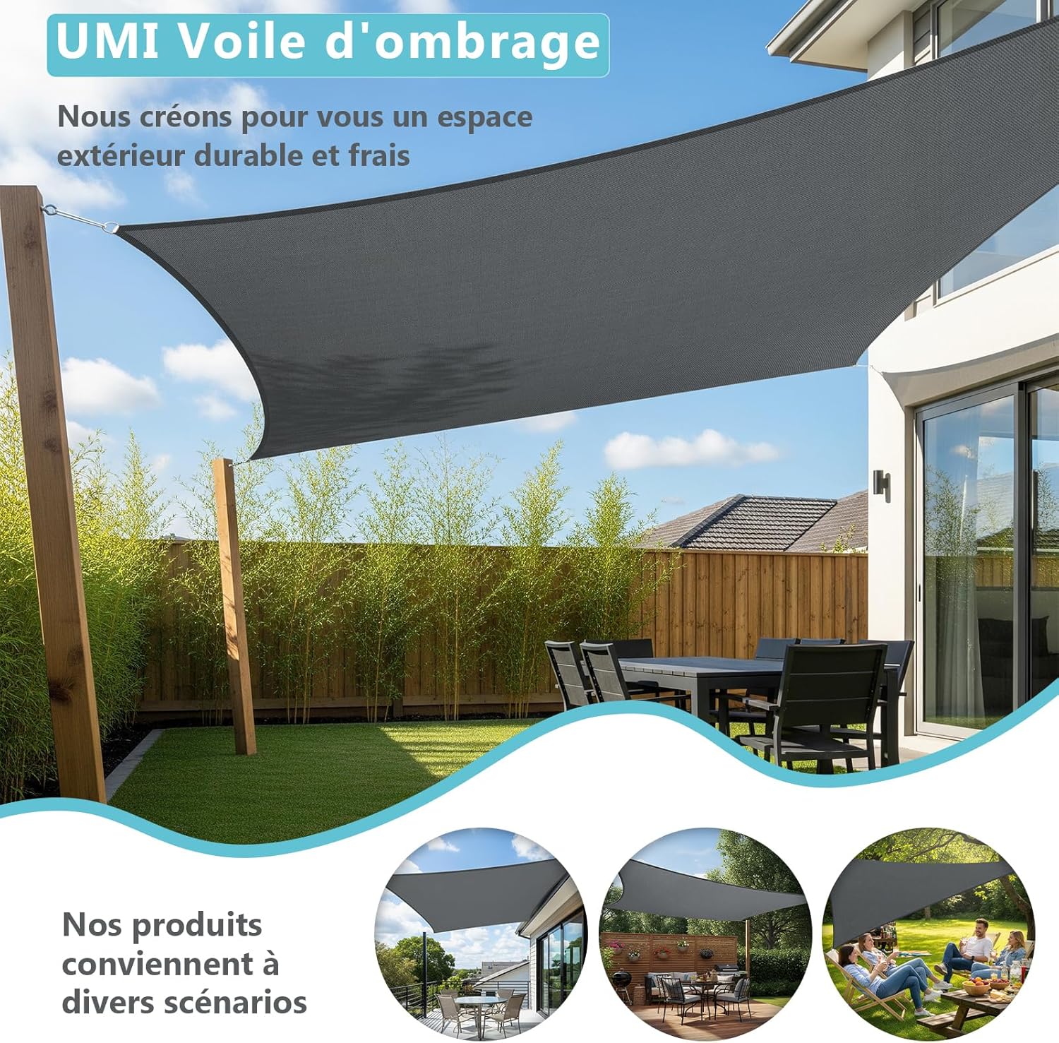 Voile d'ombrage Imperméable Carré 3x3m Toile Ombrage PES avec 95% Protection UV pour Jardin Terrasse Balcon Patio Extérieur - Anthracite - 7