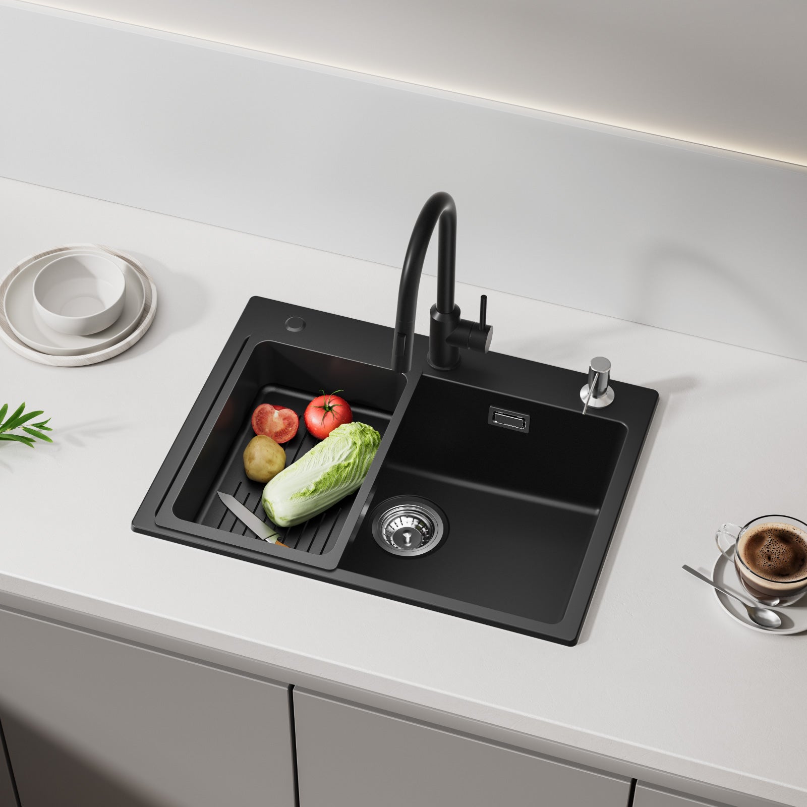 Lavabo Doppio In Acciaio Inox 304 - 2 Vasche Con Scarico - Nero - Per Cucina - Foto 5