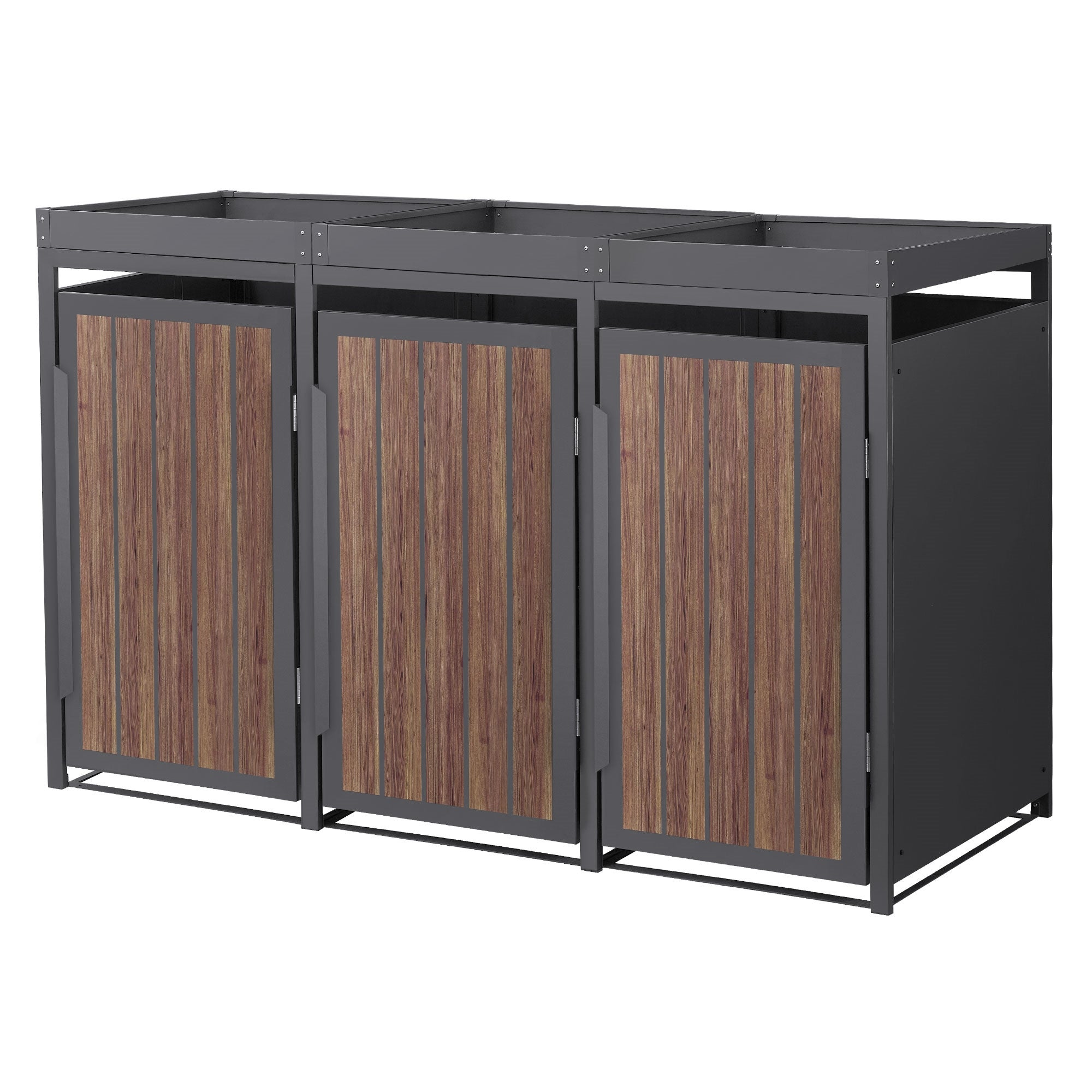 Masca pentru 3 pubele de deseuri ML-Design, de 240L, 196x80x124cm, magazie pubele, din otel, acoperis tip jardiniera, aspect de stejar inchis antracit 240000ml