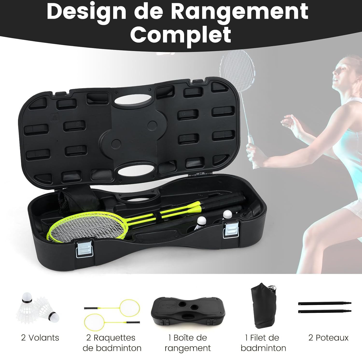 Set di Badminton con Rete, Racchette, 2 Volani e Scatola di Conservazione, Set di Badminton Portatile per 2 Giocatori da Esterno per Bambini, - 5