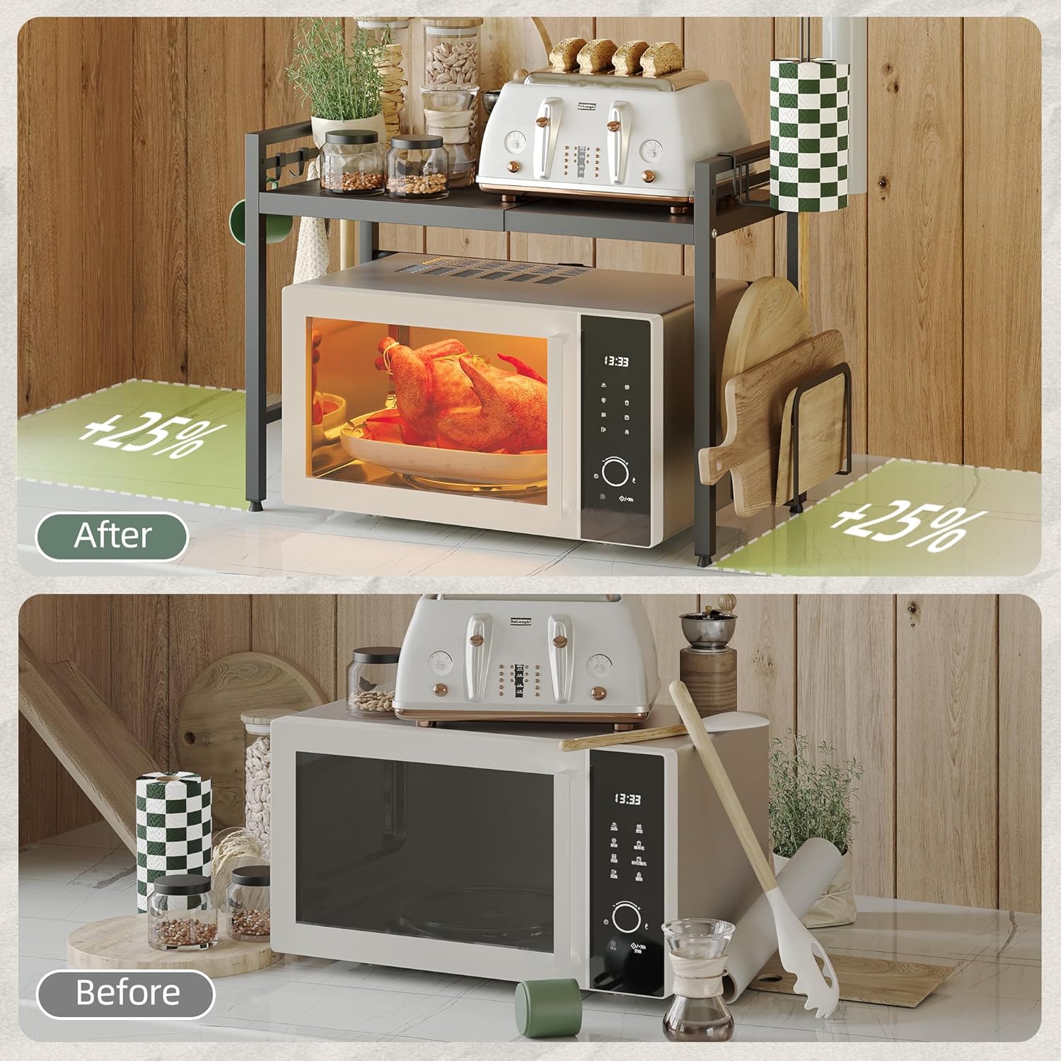 Étagère à micro-ondes extensible à 2 niveaux,étagère de cuisine debout pour four, support micro-ondes avec crochets et support,noir - 6