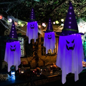 Lot De 2 Fantômes Suspendus Halloween - Faucheuse & Squelette - Décoration Jardin 35-54cm