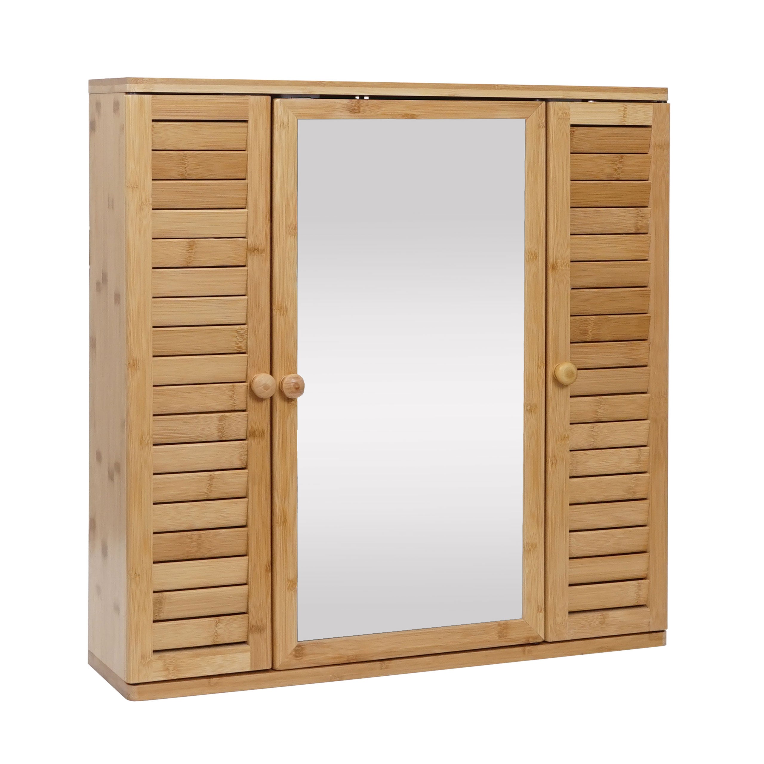 Szafka z lustrem HWC-B18, szafka łazienkowa z lustrem, 3 półki, 3 drzwi, lustro bambusowe 60x60x15cm