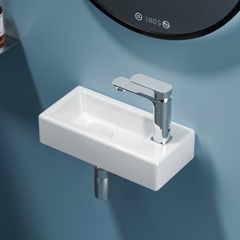 EMKE Umywalka ceramiczna 40,5x20,5x10,5 cm, Umywalka ścienna Compacto, Prawy otwór na baterię, brylantowa biel