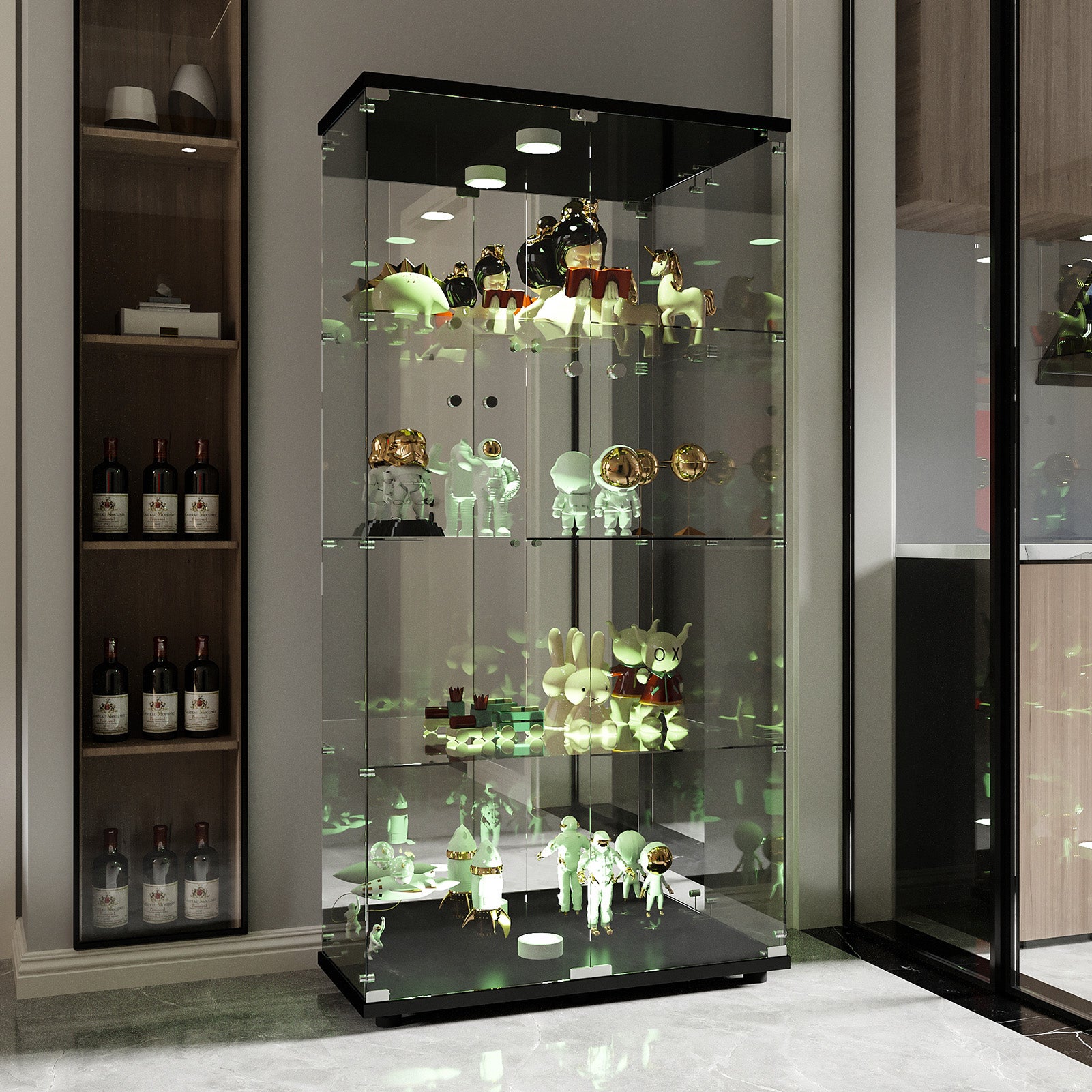 Vitrine avec portes en verre et éclairage LED, support en verre trempé à 4 niveaux, vitrine en verre de la collection Curio, vitrine, noir - 6