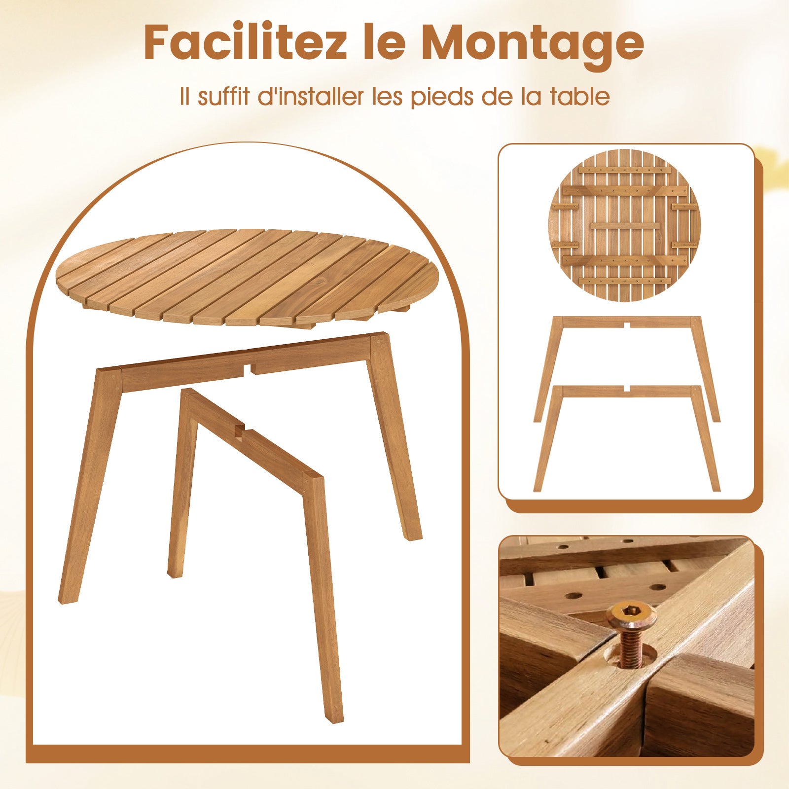 Table Basse Jardin en Bois d'Acacia, Table d'Appoint Ronde avec Plateau à Lattes&Structure Renforcée X, Montage Simple, Charge 75kg, 62x62x40cm - 3