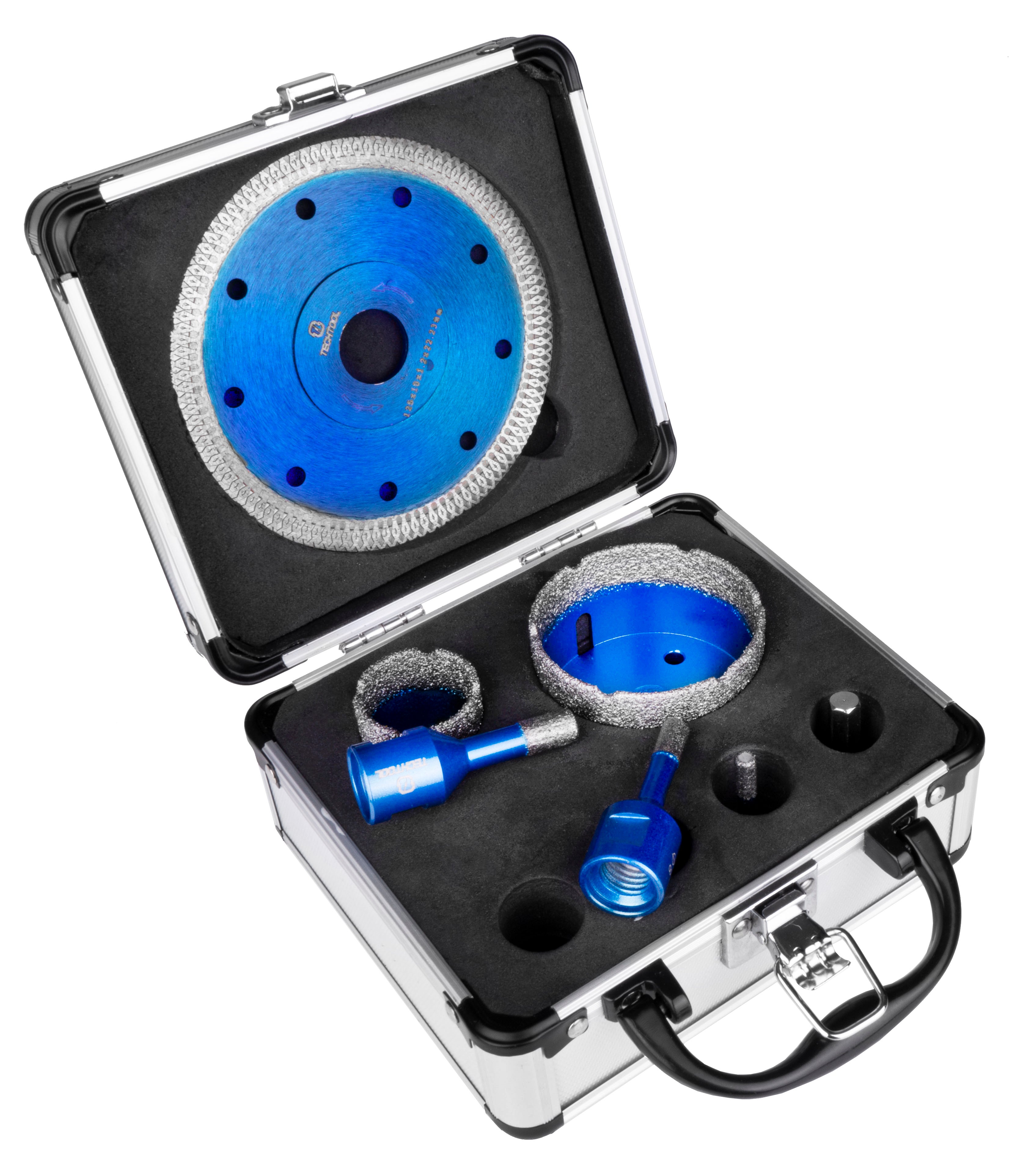 Otwornice diamentowe Techtool TTHS02 M14 zestaw 5 sztuk 6-8-10-35-68 mm + tarcza 125 mm, do betonu gresu płytek