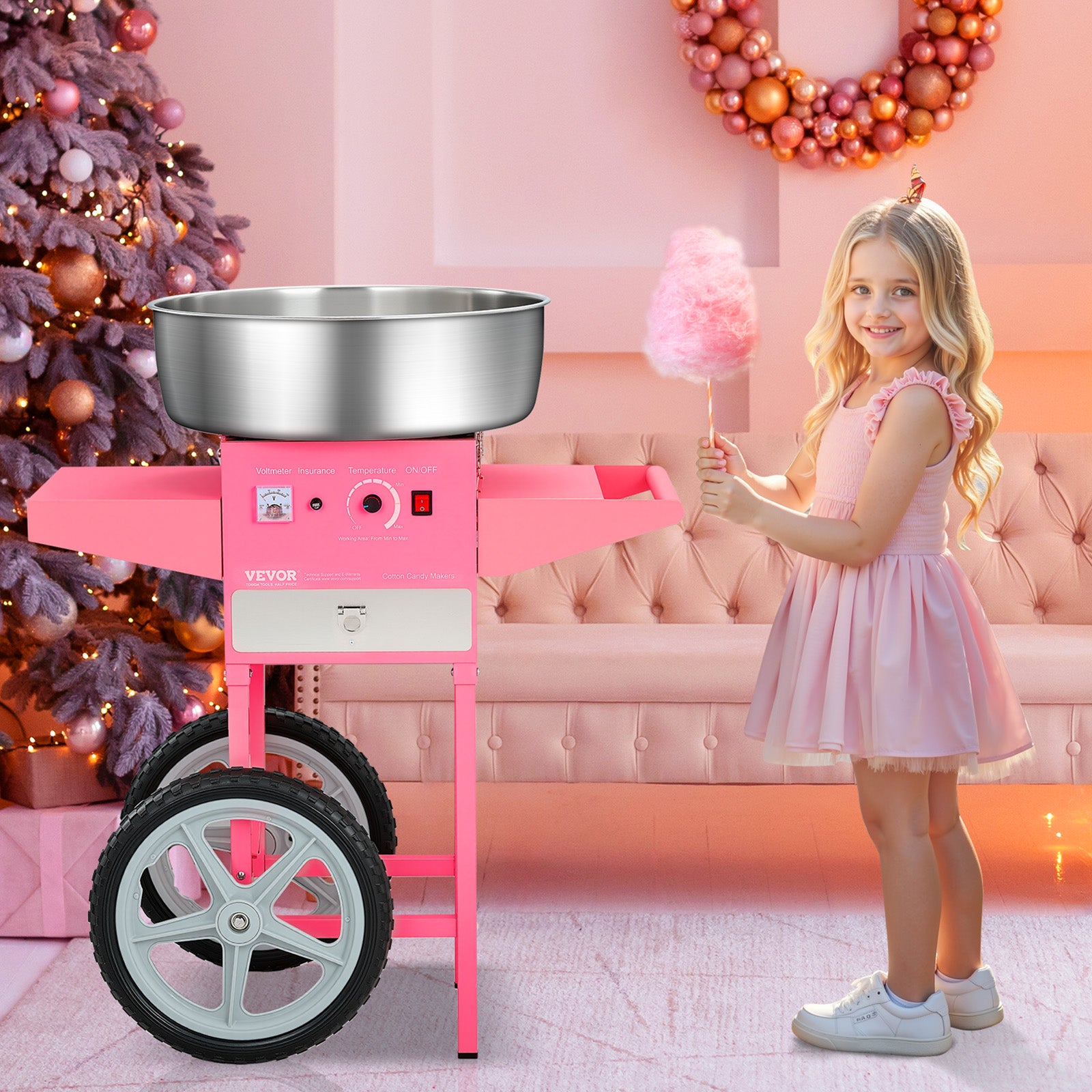 Macchina per zucchero filato VEVOR con carrello, elettrica 1000 W, ciotola in acciaio inox 52 cm, cucchiaio per zucchero e cassetto, rosa - 8