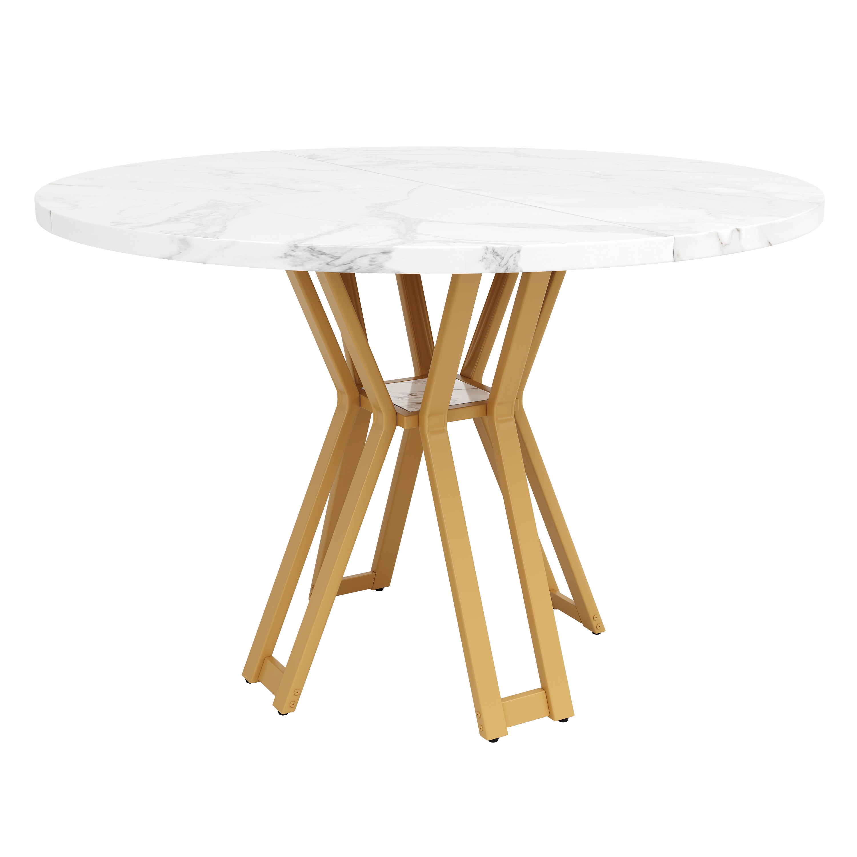 Okrągły stół jadalny dla 4-6 osób - D 100 x W 76 cm - Blat z płyty MDF marmurkowy i nogi metalowe w kolorze złotym - Biały + złoty - 6