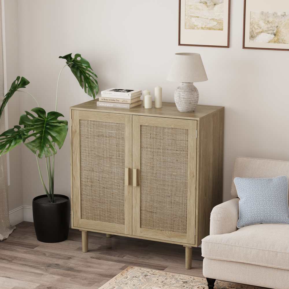 Buffet 2 portes en rotin, 80cm, rangement spacieux, anti-basculement – pour salon, salle à manger, entrée - 6