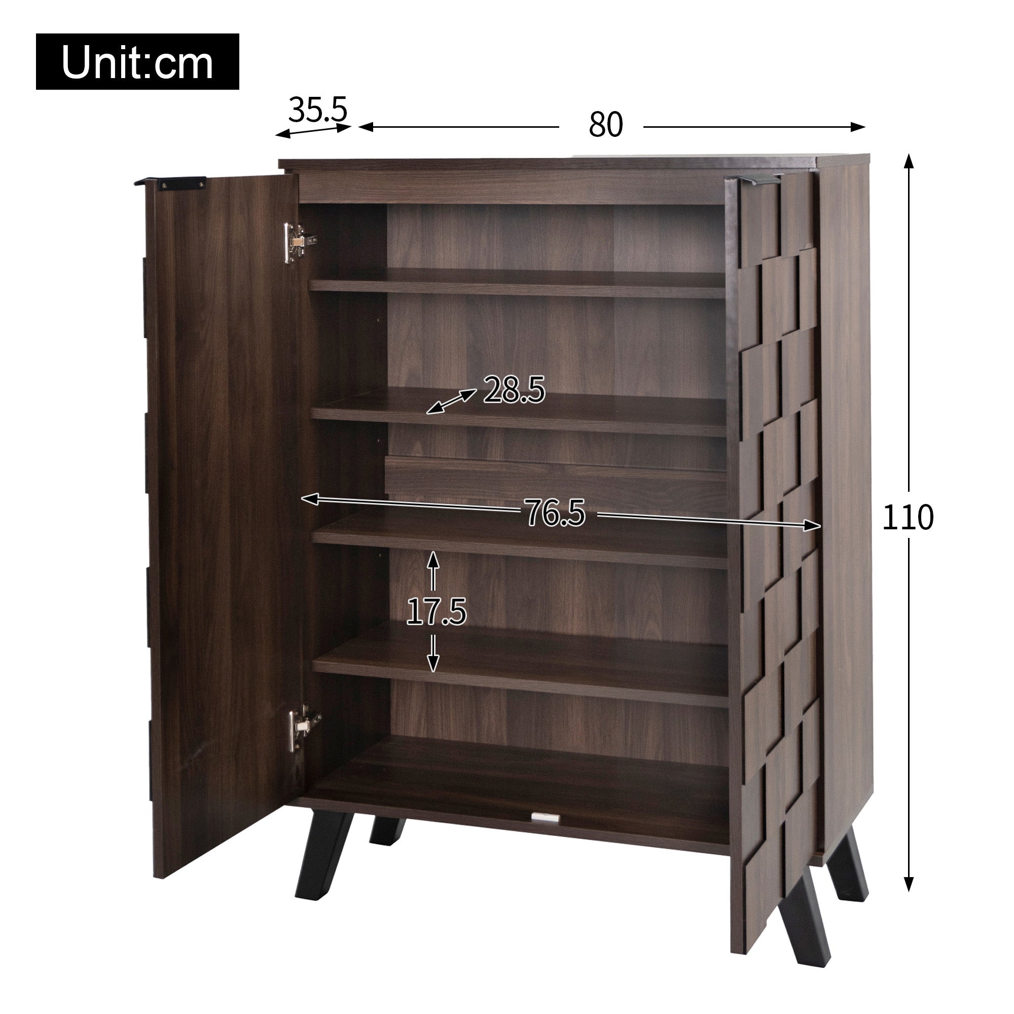Nowoczesna szafa na buty 80x35x110cm - 2 fronty - 5 przegródek - Regulowane półki - Wykończenie imitujące drewno - Brązowy - 5
