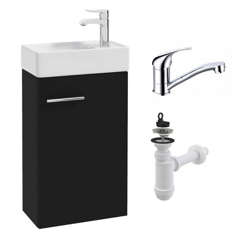 Szafka Łazienkowa Wisząca z Umywalką 40 x 22 cm Czarny Mat Bateria Obrotowa Chrom