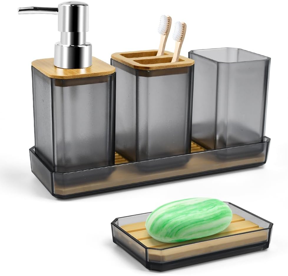 7 Pcs D'accessoires De Salle De Bain, Ensemble Salle De Bain, Ensemble De Bain En Bois Porte-Brosse à Dents Distributeur De Savon Porte-Savon Porte- Brosse De Toilette Poubelle (Noir