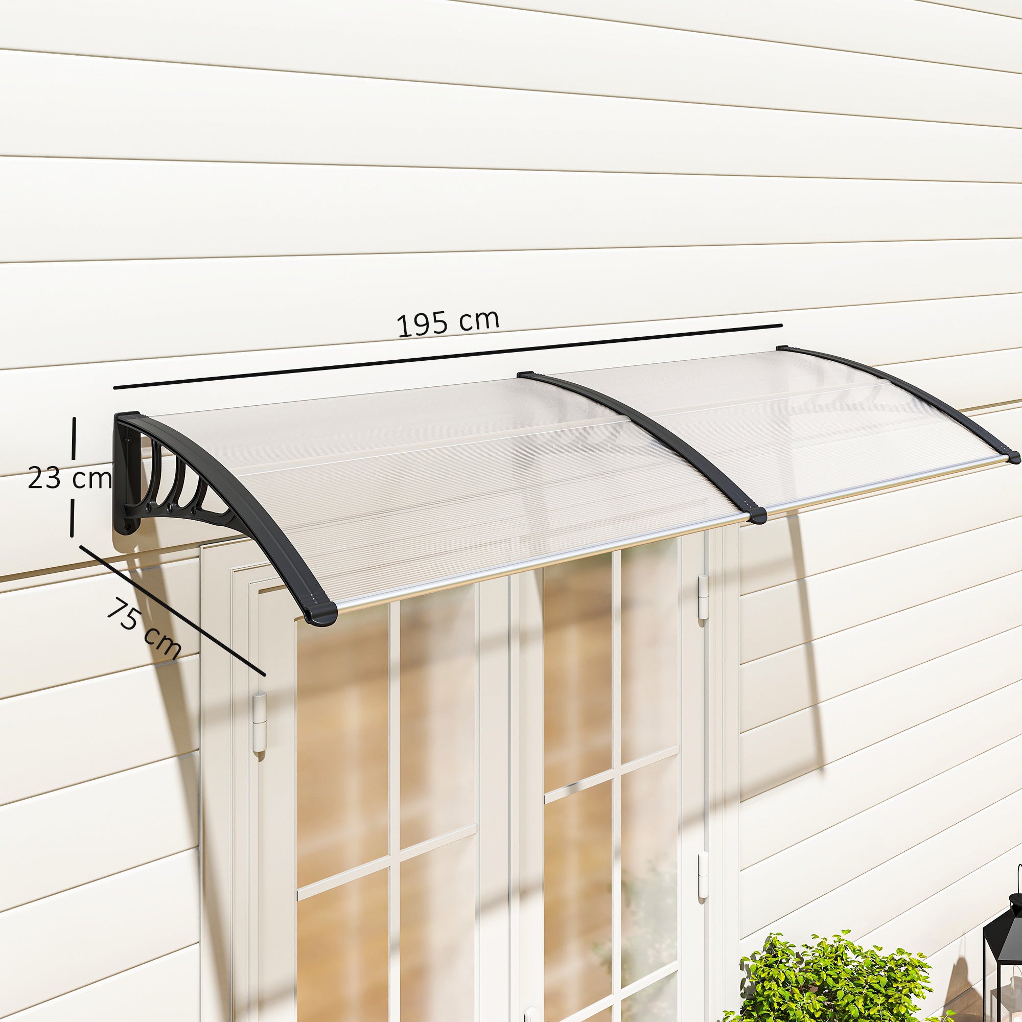 Marquise para Porta e Janela Outsunny Transparente e Preto Policarbonato, Alumínio, Plástico PP 195x80x23cm - 3