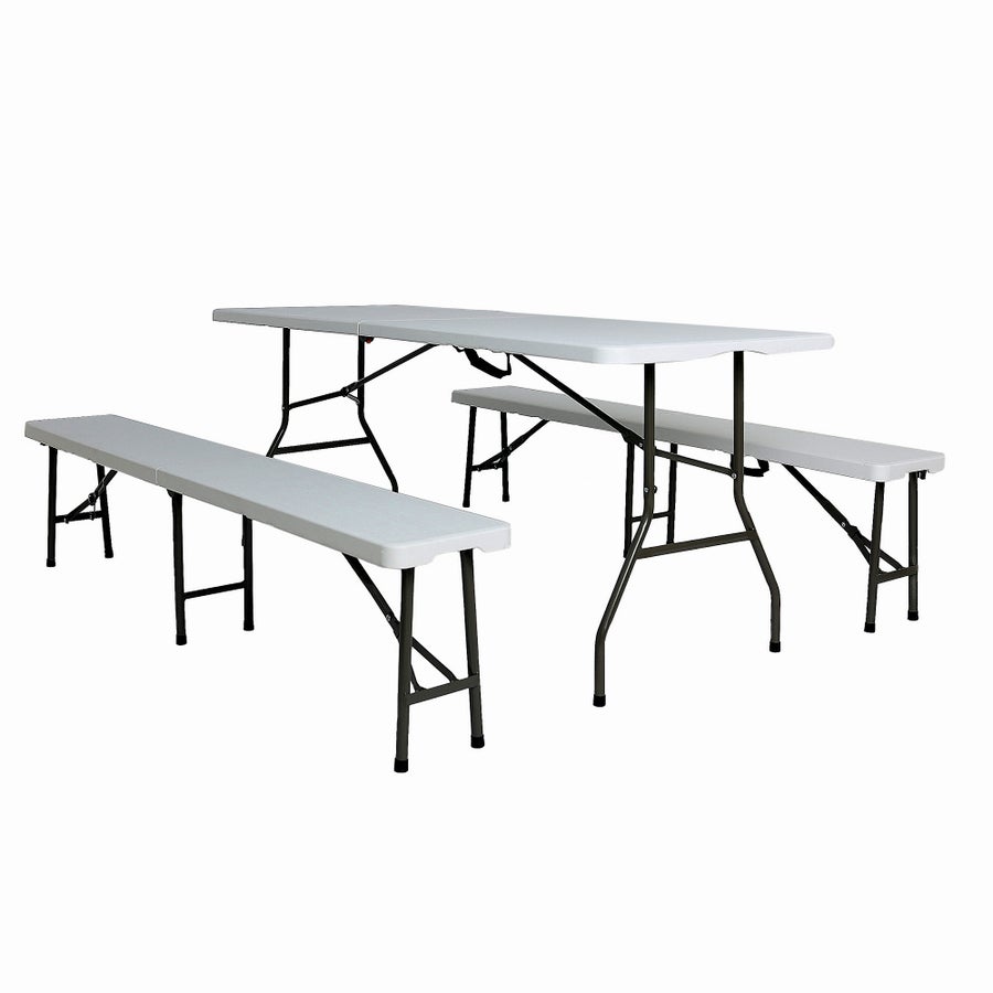 Set masa pliabila 4 persoane din otel cu HDPE 180x70x74 cm + doua banci pliabile din otel si HDPE 183x28x43cm, MESTERINO FURNITURE KJC2061-SET