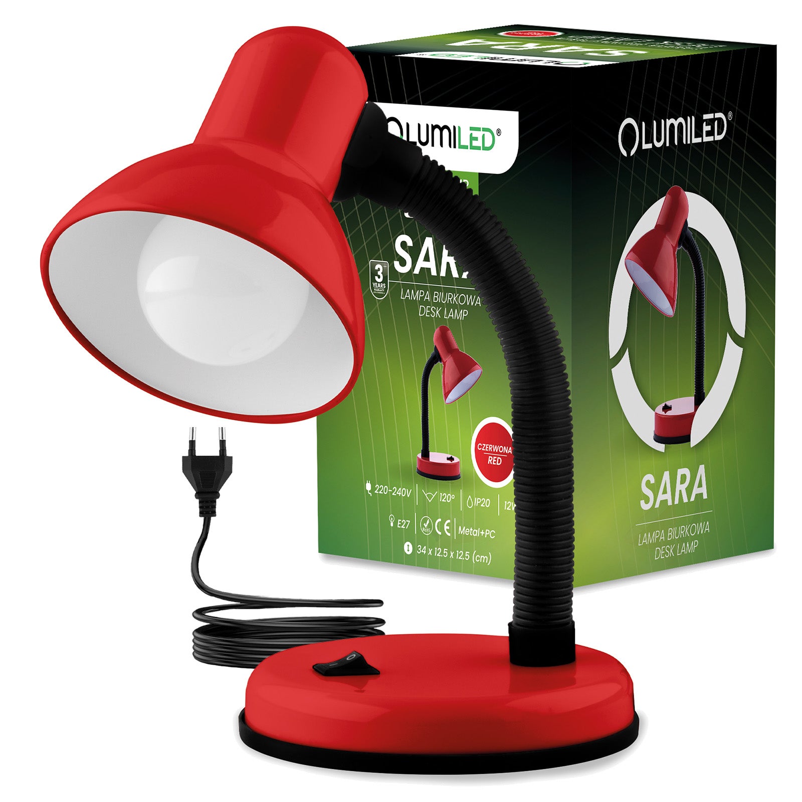 Lampka Biurkowa Lumiled Stołowa Regulowana Szkolna Nocna E27 Czerwona 1 szt.