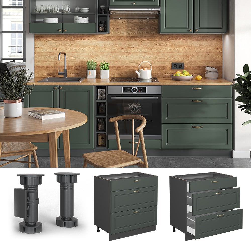Vicco Meuble cuisine Fame-Line, Vert Or Campagne, 80cm avec 3 tiroirs, sans PT - 2
