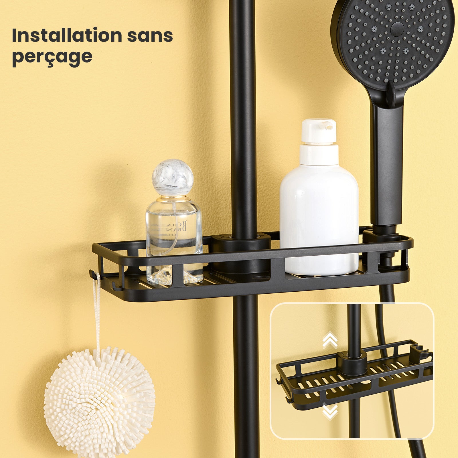 Colonne Douche Sans Robinet en Inox Noir- Ensemble Mural Réglable Avec Pommeau Effet Pluie Rond(25*25 CM),Douchette 4 Fonctions/Étagère - 5