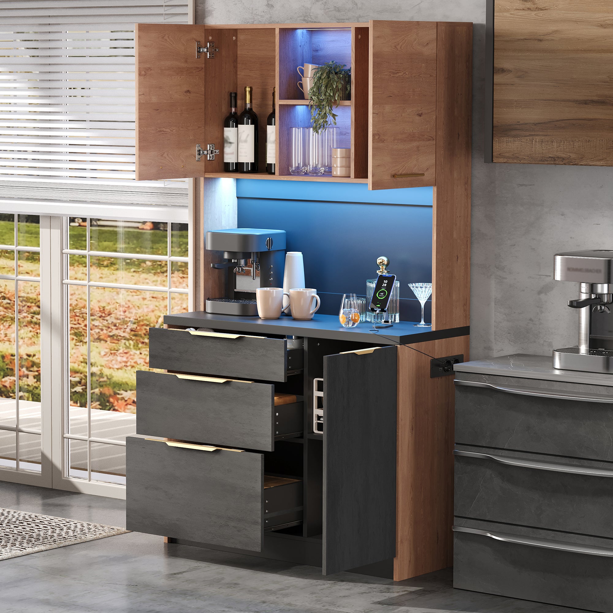 Buffet de cocina moderno 100x40x180cm - con toma de corriente y led - con 3 cajones y 3 puertas - natural + negro