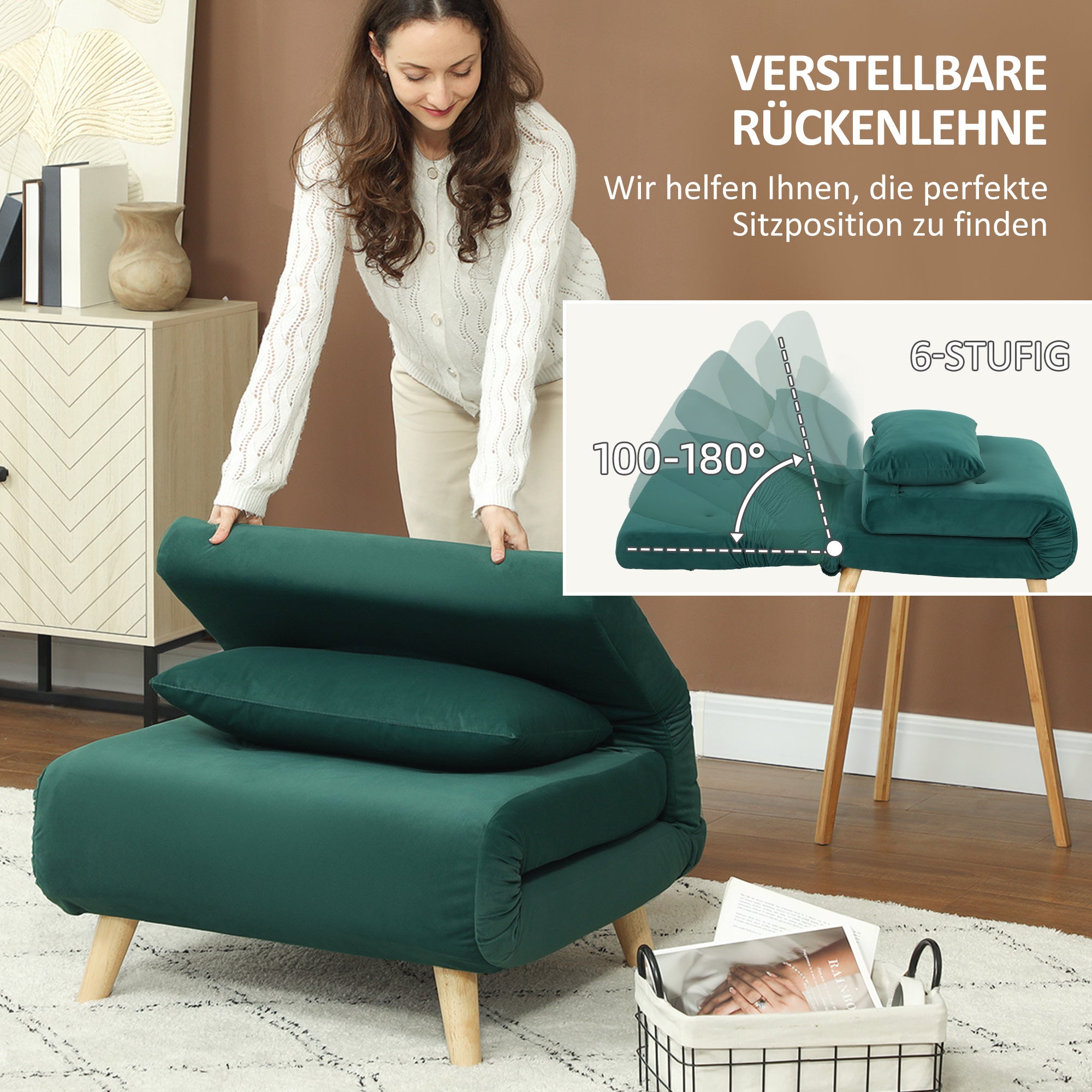 Fauteuil pliant convertible en lit, fauteuil lounge pliable en velours, dossier réglable, supporte jusqu'à 120 kg, vert foncé - 7