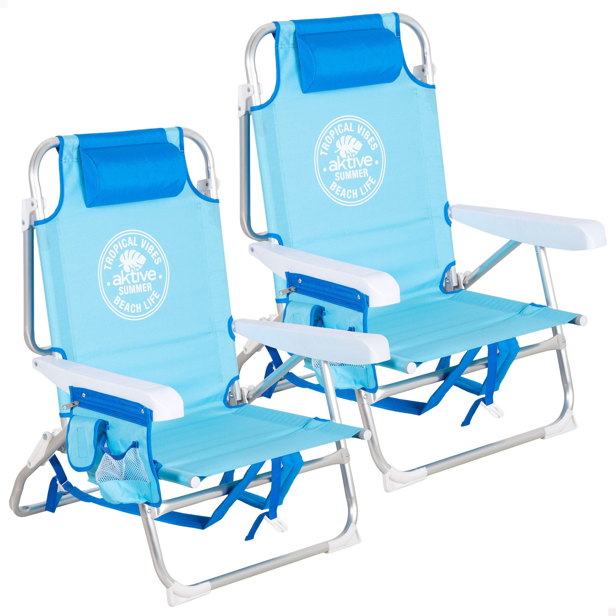 Pack 2 sillas playa medio multiposición 50x54x80 cm azules con bolsillos