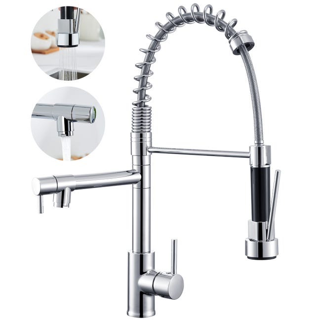 Chromowana bateria kuchenna, wyciągana wylewka z podwójnym strumieniem, elastyczna bateria kuchenna z wysoką wylewką, mosiężny kran zlewozmywakowy, ci