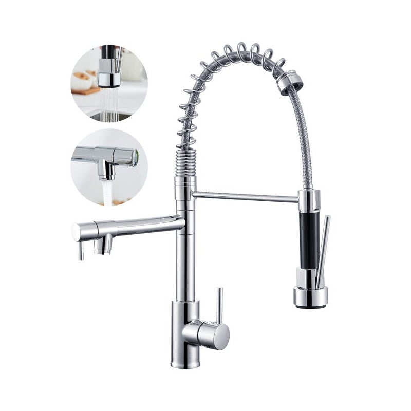 Chromowana bateria kuchenna, wyciągana wylewka z podwójnym strumieniem, elastyczna bateria kuchenna z wysoką wylewką, mosiężny kran zlewozmywakowy, ci