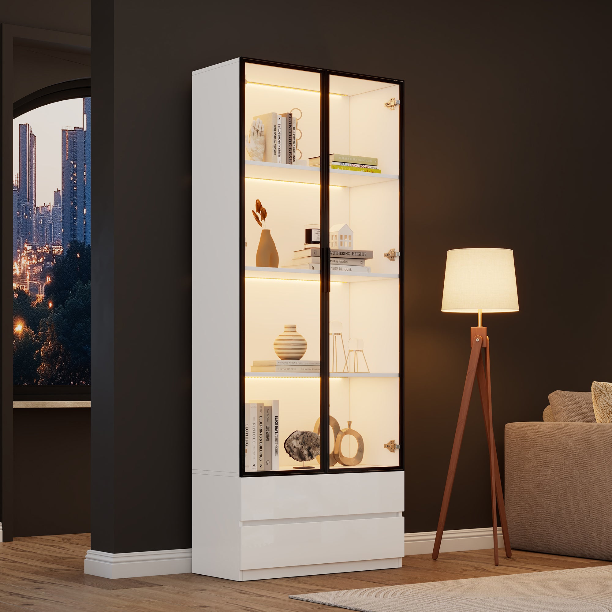 Witryna z 2 szufladami i 2 szklanymi drzwiami - 80 x 34 x 200 cm - diody LED - płyta MDF + szkło hartowane - biała