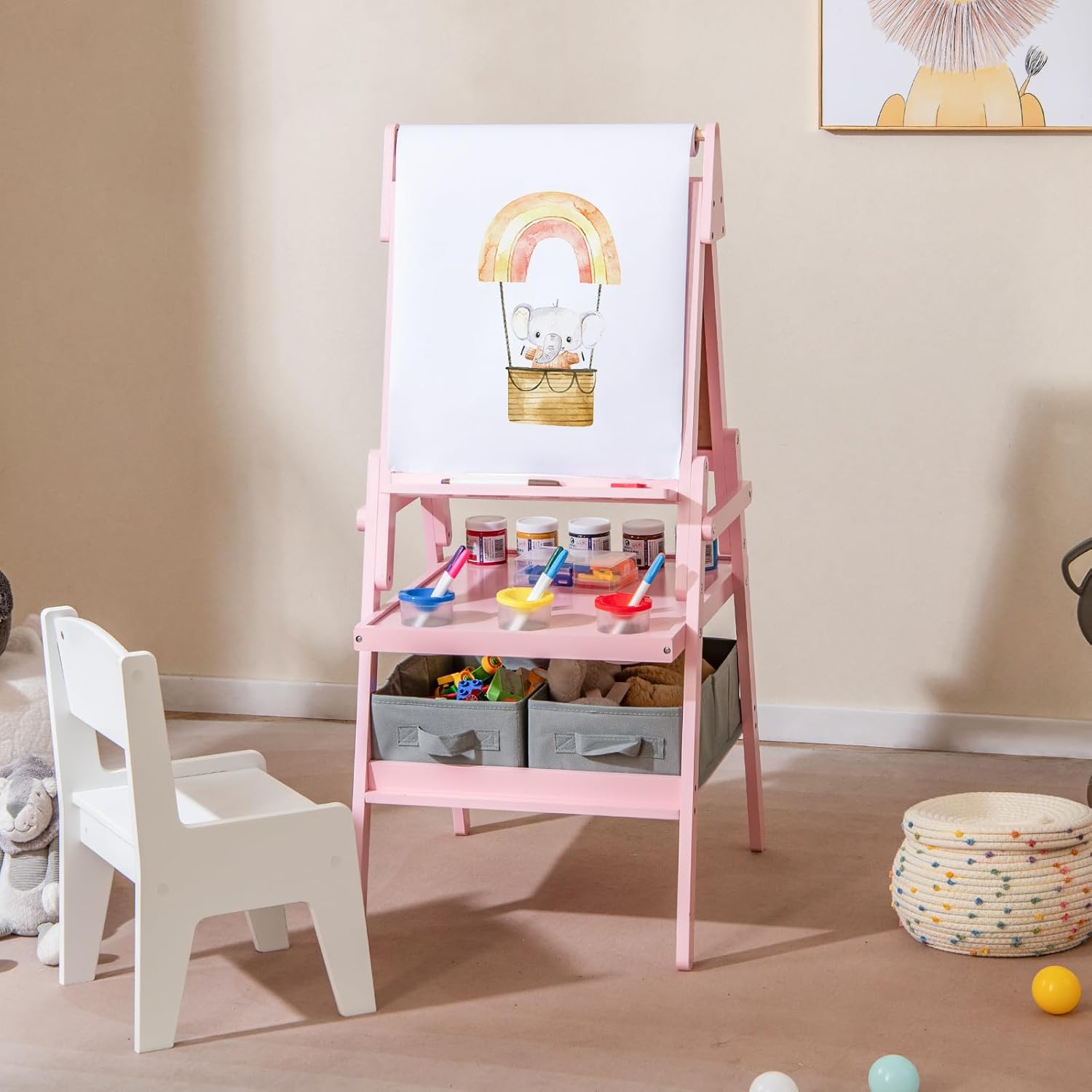 3 en 1 Chevalet d'Art Enfant avec Tableau Noir & Blanc Magnétique, Tableau Enfant Double Face avec Rouleau de Papier & 2 Bacs en Tissu (Rose) - 8