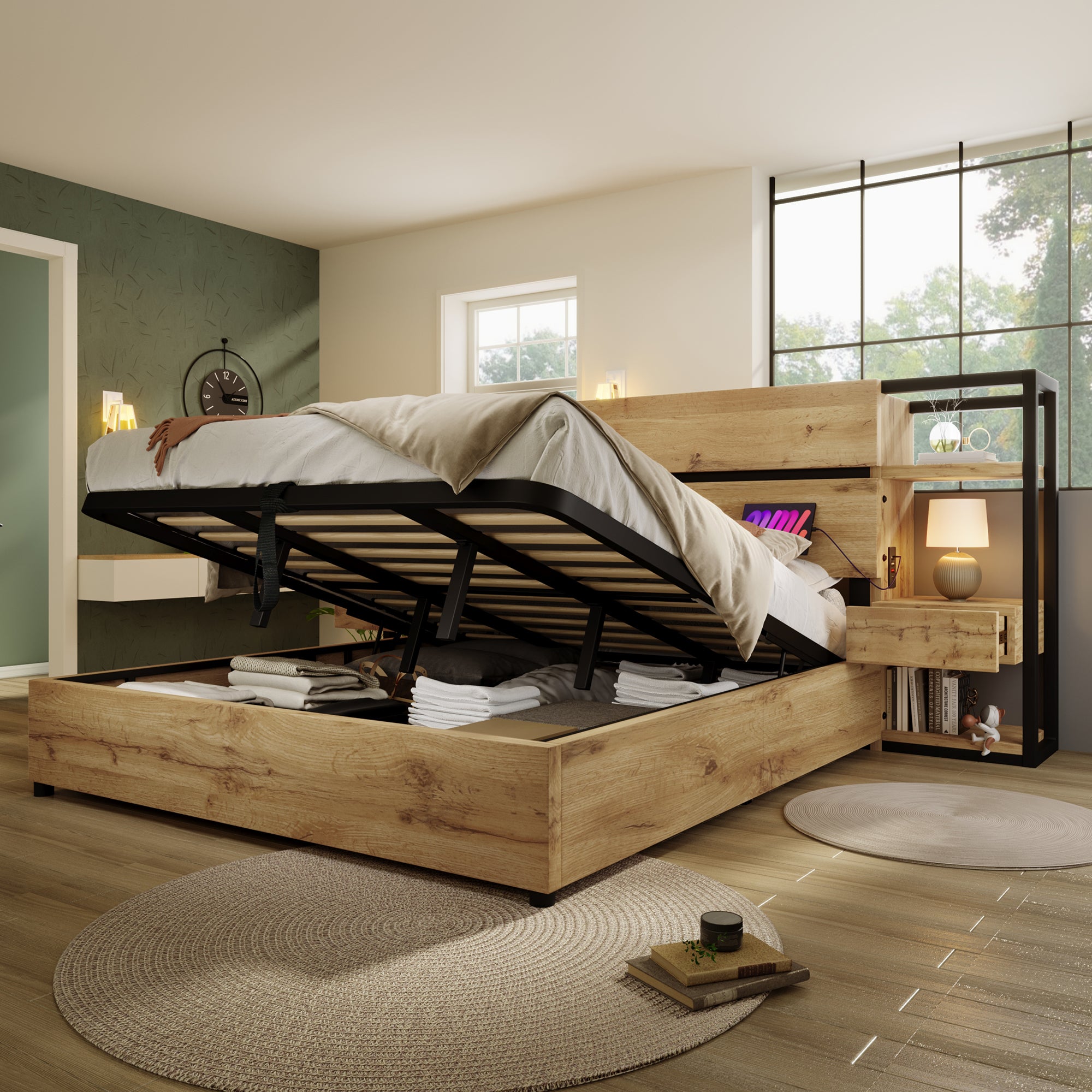 Lit 160x200 avec sommier à Lattes et hydraulique, Lit Coffre avec tiroirs et USB TypeC, Cadre de Chêne (Sans Matelas) - 9
