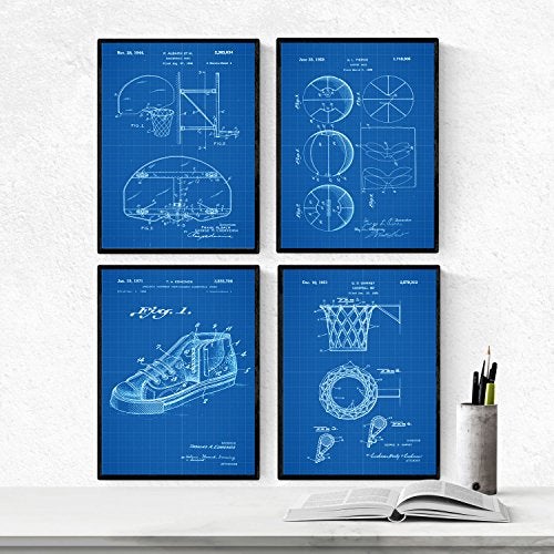 Azul pack de 4 láminas con patentes de baloncesto. set de posters con inventos y patentes antiguas. nacnic sin marco - a4