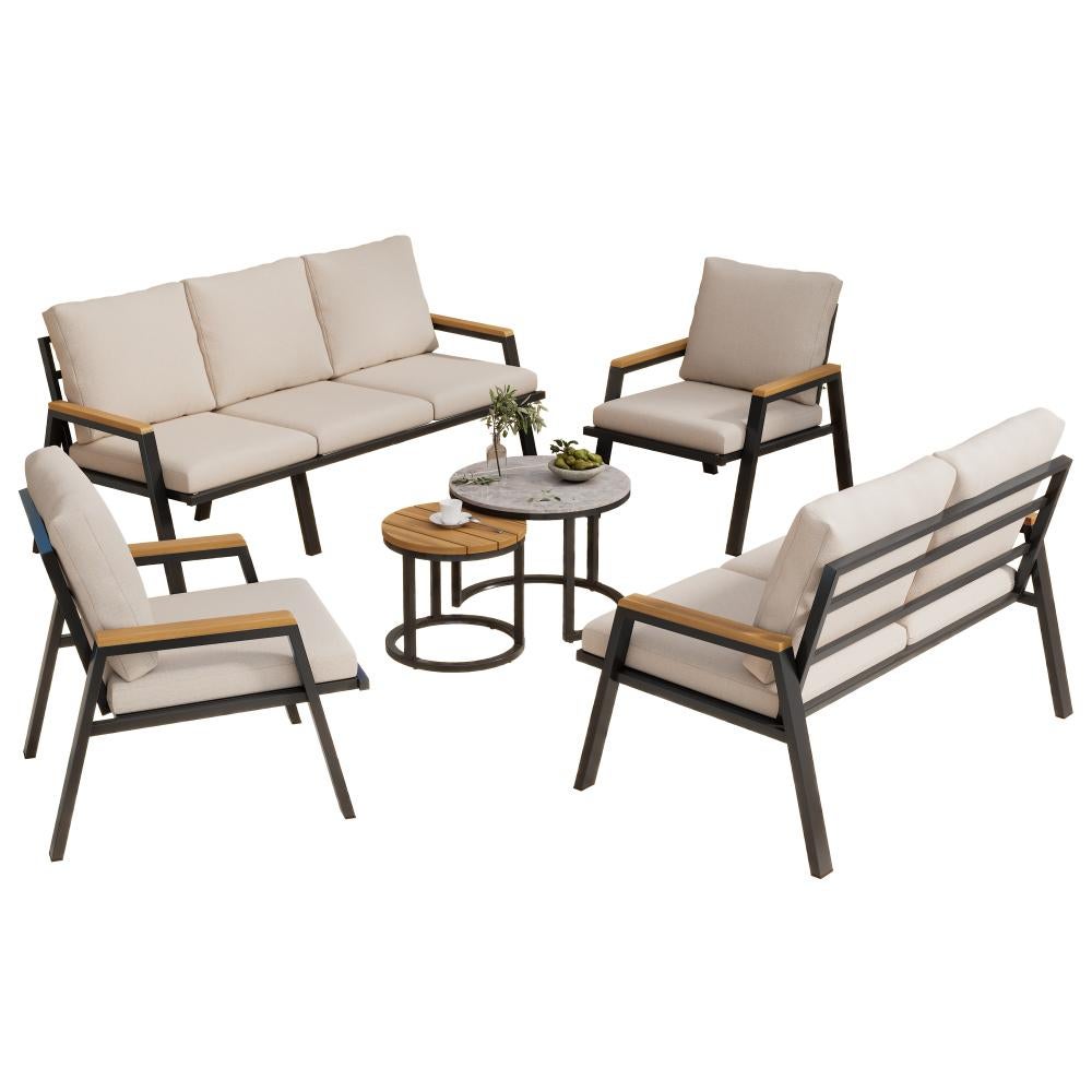 Set lounge de jardin 3+2 avec coussins confortables, 2 fauteuils, 2 tables, verre marbré et bois synthétique, acier galvanisé - 3