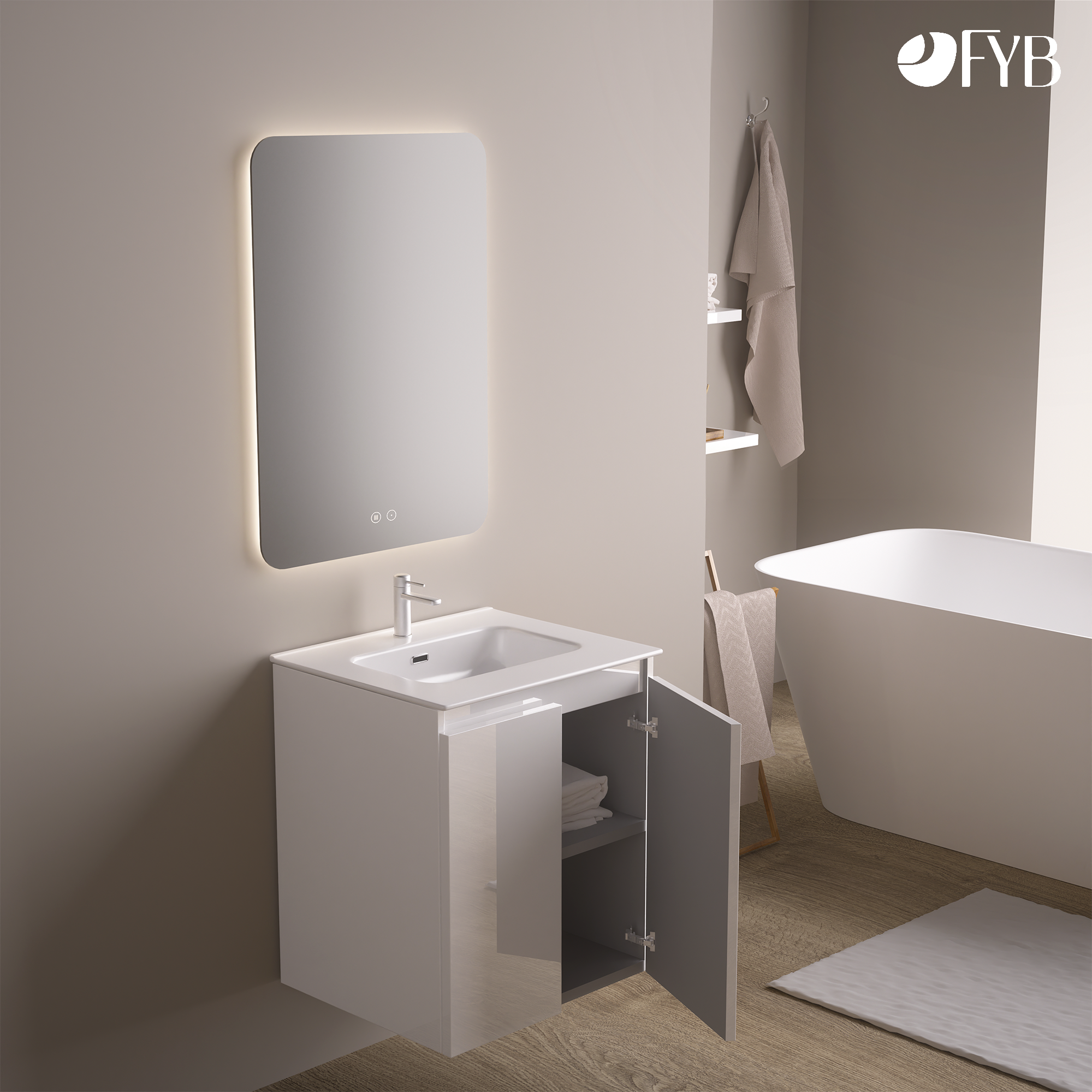 Feel Your Bath, Meuble De Salle De Bain WOLF Blanc 60 cm, 2 Portes, Vasque Céramique Intégrée Et Miroir Carré LED Antibuée - 2