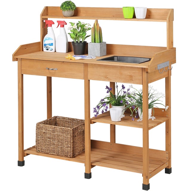 Table de Jardinage en Bois avec Évier Amovible, Tiroir, Crochets et Étagères de Rangement, Couleur Bois Yaheetech