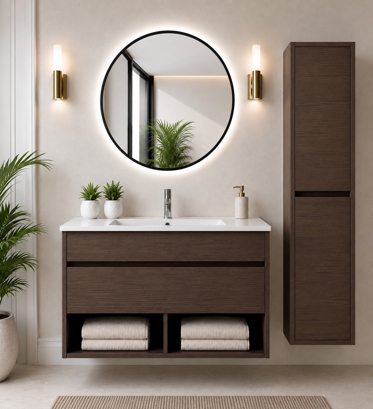 Mobilier de baie suspendat cu lavoar ORIGENBATH NEBARI cu sertar cu coloană 70x45 cm frasin tea cu coloană