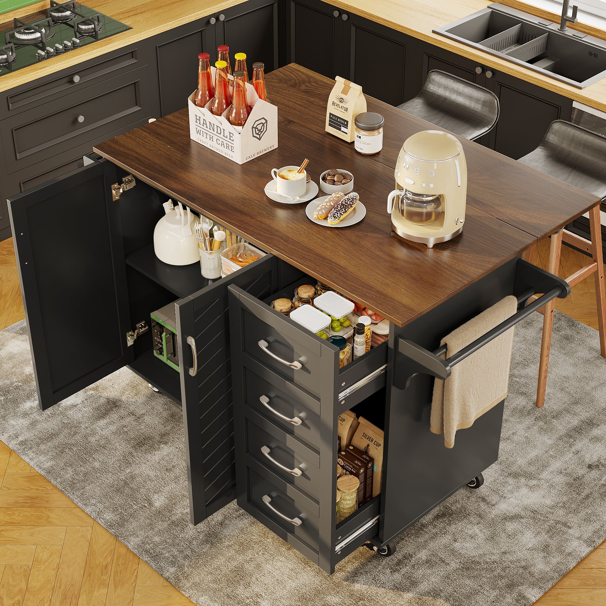 Mobilna wyspa kuchenna z 2 drzwiami, 2 szufladami i wieszakiem na ręczniki - Rozkładany blat - 128 x 46/71 x 93 cm - Drewno MDF - Czarny + brązowy