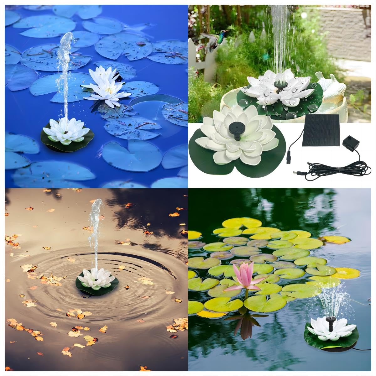 Fontaine solaire flottante d'extérieur avec nénuphar, bain d'oiseaux, pompe solaire, 4 modes pour bassin à poissons, jardin, aquarium, piscine - 7