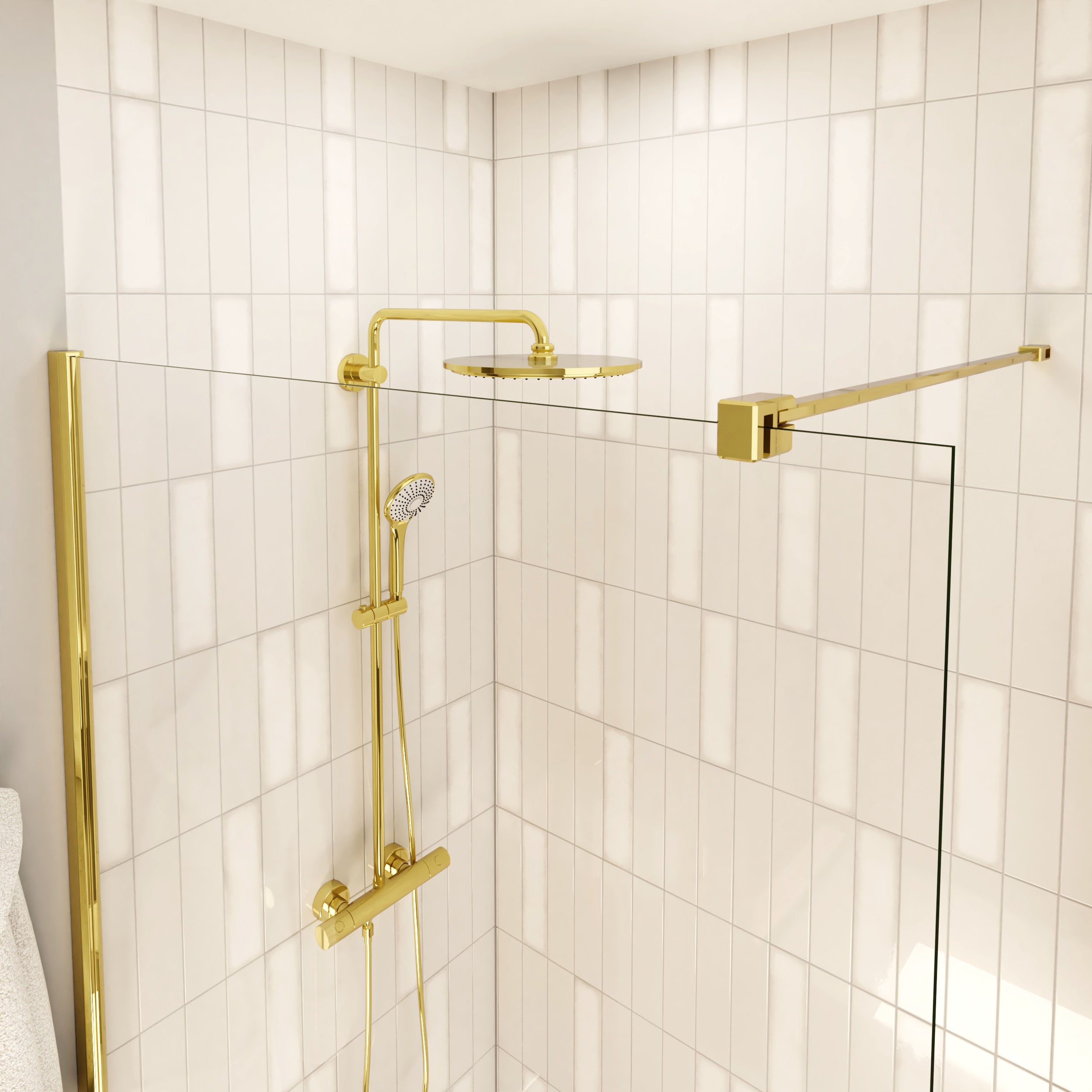 RESGUARDO DE DUCHE DE PAINEL FIXO | 100 x 195 CM | PERFIL OURO | VIDRO TEMPERADO DE 8MM DE ESPESSURA | TRATAMENTO ANTICALCARIO | PLUSBAÑO - 2