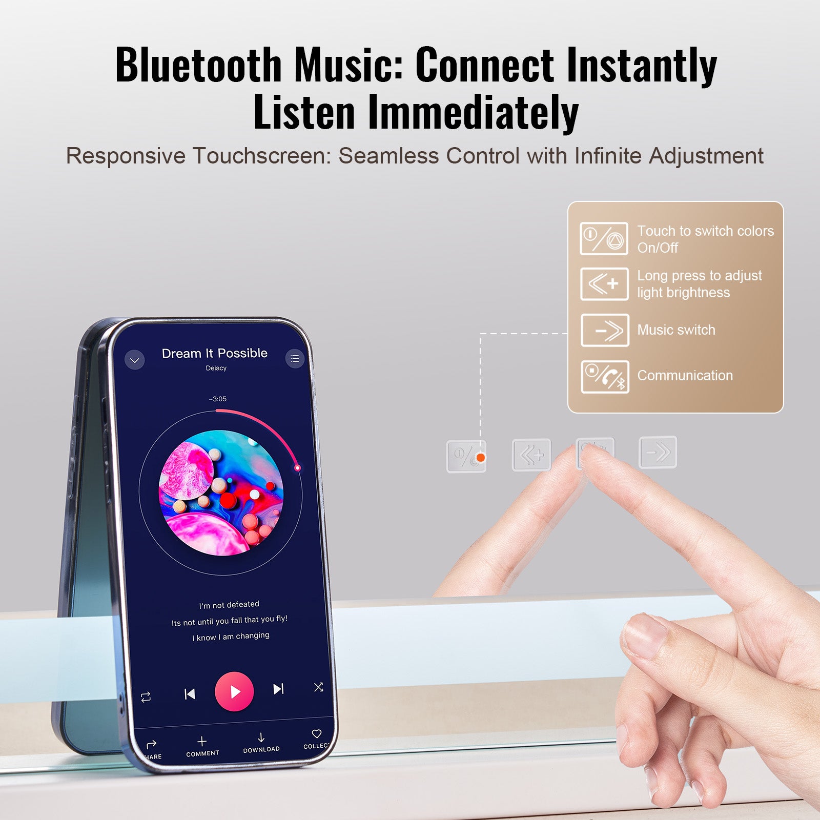 Espelho de Maquiagem Hollywood,VEVOR 3 Modos de Cor,Luz LED Estúdio Cosmético,Aumento 5X,Bluetooth,USB,Controle Tátil,Suporte,797x547 mm - 3