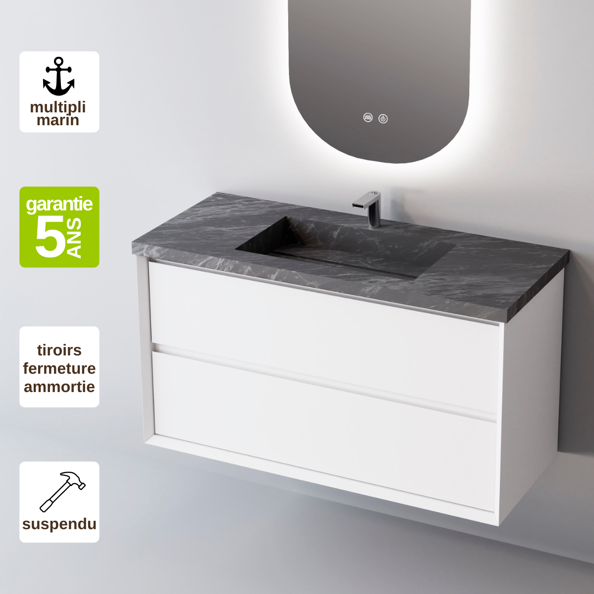 Ensemble meuble salle de bain, Blanc Mat, 90 x 110 cm