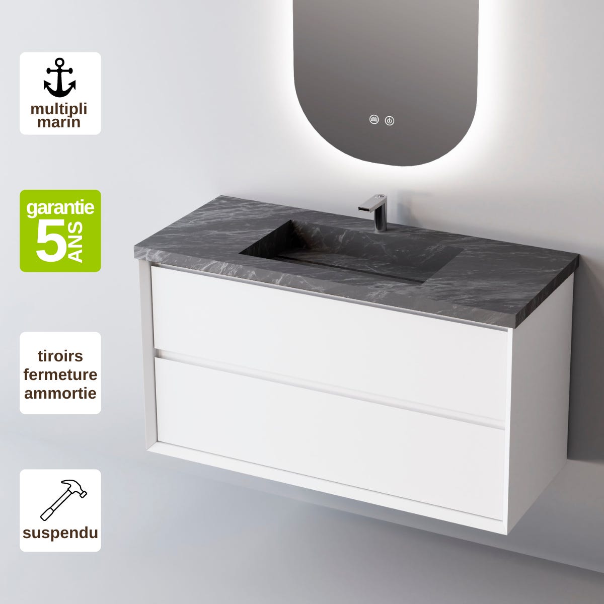 Ensemble meuble salle de bain, Blanc Mat, 90 x 110 cm Ensemble meuble salle de bain, Blanc Mat, 90 x 110 cm