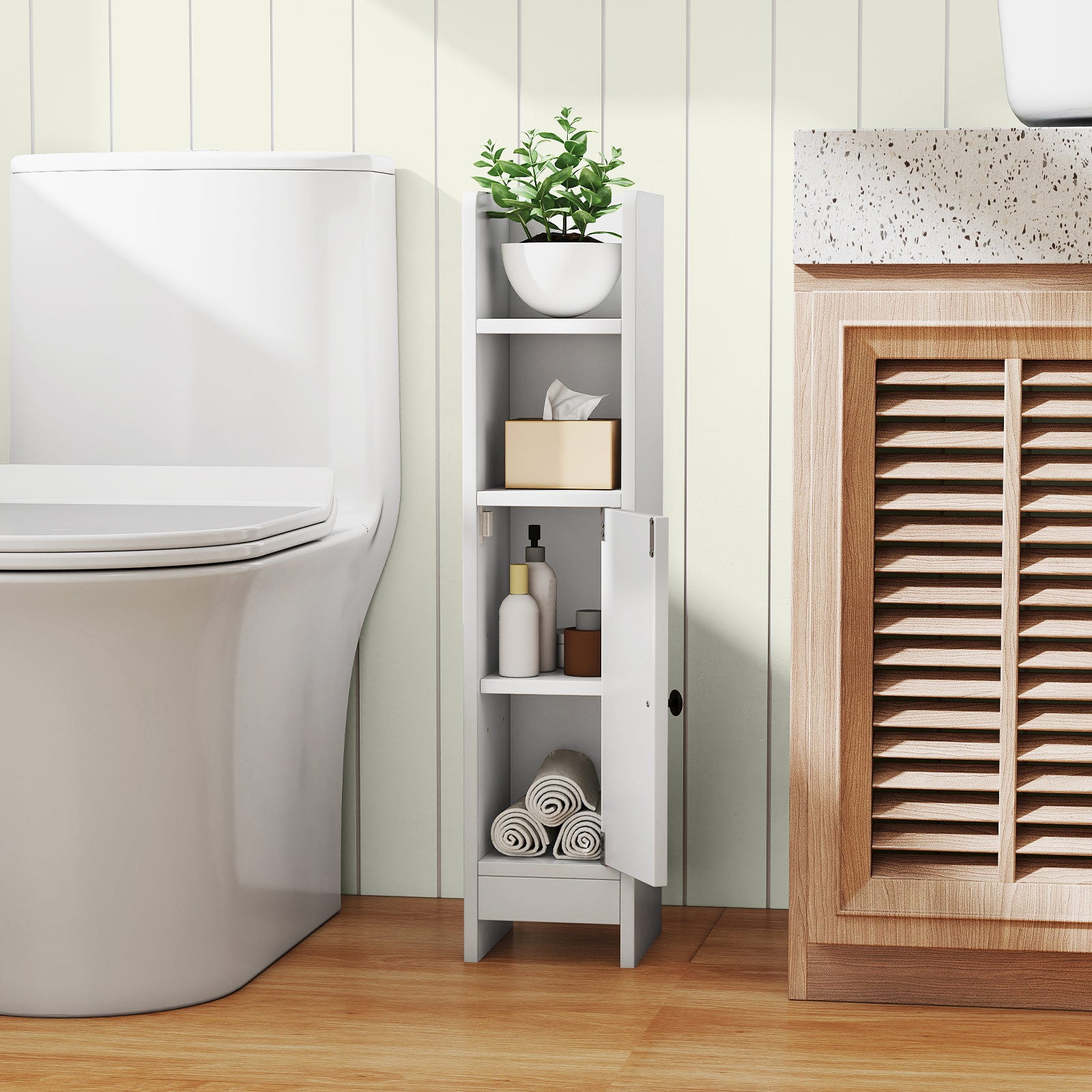 Colonne de Salle de Bain, Petit Armoire d'angle Etroit pour Papier Toilette avec Porte & Étagère Réglable, Gain de Place, 20 x 18 x 80 cm, Blanc - 3